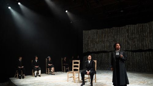 A mother (Dionna D. Davis, right) lectures her son (Ashley Alves, center) about the dangers of violence in Theatre Emory's "Blood Wedding."