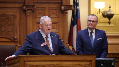 House Speaker David Ralston stands next to Lt. Gov. Casey Cagle as he addresses the state Senate on the final night of the 2018 legislative session. PHOTO / JASON GETZ