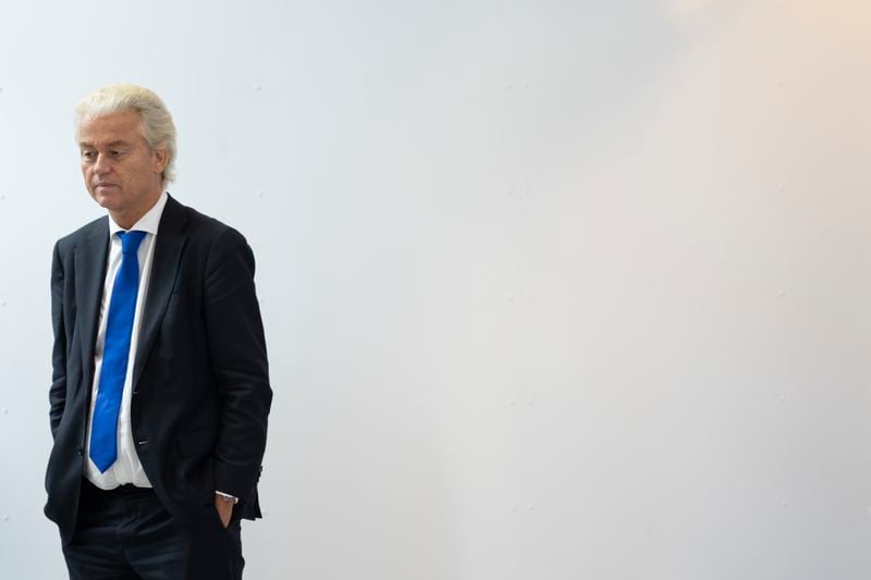 Anti-Islam lawmaker Geert Wilders leaves after answering questions following the verdict against two Pakistani men convicted of threatening Wilders, at the high security court at Schiphol, near Amsterdam, Netherlands, Monday, Sept. 9, 2024. (AP Photo/Peter Dejong)