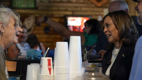 Democratic presidential nominee Vice President Kamala Harris talks as she visits SandFly Bar-B-Q in Savannah, Ga., Wednesday, Aug. 28, 2024. (AP Photo/Jacquelyn Martin)