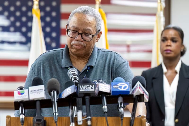 Dorval Carter Jr. President of the Chicago Transit Authority speaks to reporters at the Forest Park Village Hall over the shooting death of four people on a Chicago-area transit Blue Line train yesterday morning, Tuesday, Sept. 3, 2024, in Forest Park, Ill. |(Tyler Pasciak LaRiviere/Chicago Sun-Times via AP)