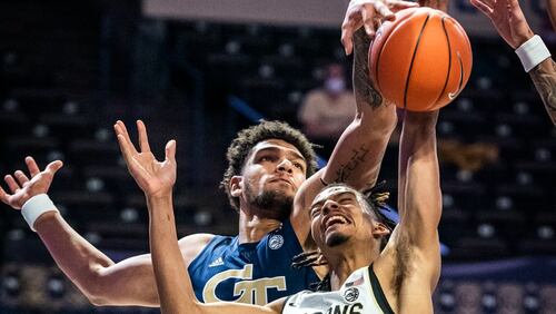 Georgia Tech forward Rodney Howard (24) blocks a shot from Wake Forest guard Jalen Johnson (2) during an NCAA college basketball game Friday, March 5, 2021, in Winston-Salem, N.C. (Andrew Dye/The Winston-Salem Journal via AP)