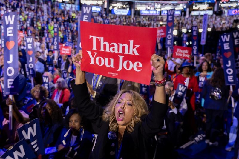 U.S. Rep. Lucy McBath, D-Marietta, cheers as President Joe Biden speaks on the first day of the Democratic National Convention at United Center in Chicago on Monday, August 19, 2024. (Arvin Temkar / AJC)