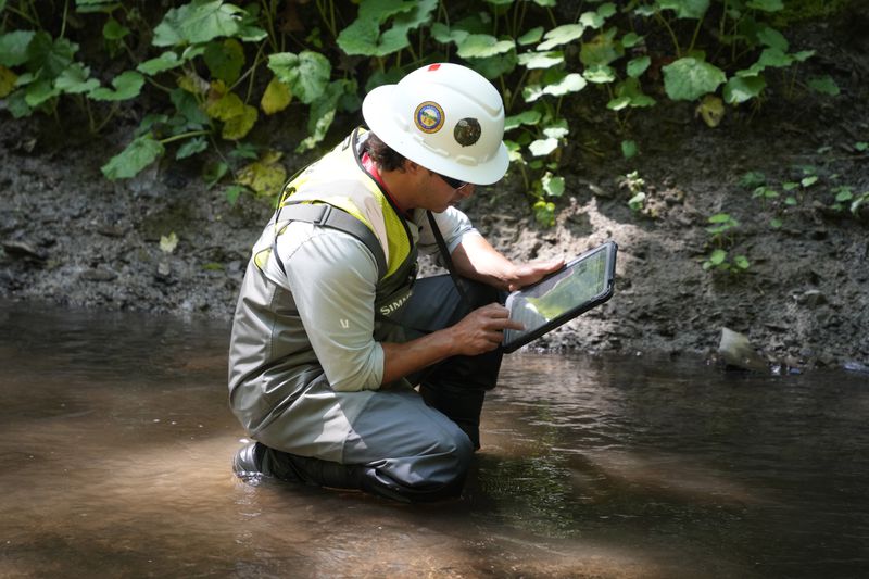 FILE - A Environmental Protection Agency worker works in Leslie Run in East Palestine, Ohio, June 12, 2024. (AP Photo/Gene J. Puskar, File)