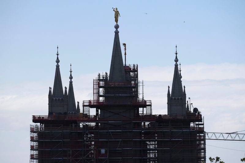 A view of the ongoing Temple Square renovation project, showing the Salt Lake Temple enveloped in scaffolding, is seen on June 17, 2024, in Salt Lake City. (AP Photo/Rick Bowmer)