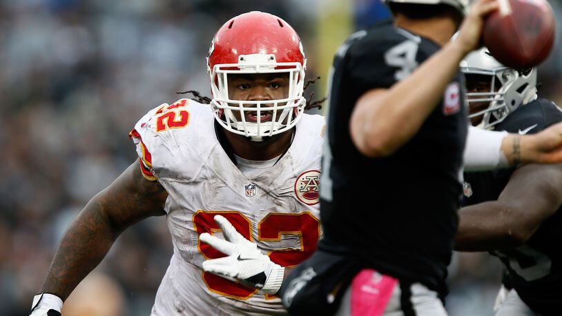 Kansas City Chiefs defensive tackle Dontari Poe, center, rushes