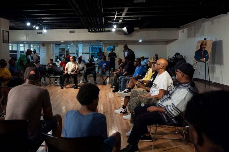 Panelists answer questions during a panel discussion on the candidacy of Vice President Kamala Harris during a Black Men Lab meeting, Monday, July 22, 2024, in Atlanta. (AP Photo/Stephanie Scarbrough)