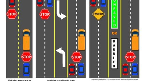 Drivers must stop for a school bus if it is stopped with its red lights flashing, whether it is on your side of the road, the opposite side of the road, or at the intersection, you are approaching. 
You are not required to stop if the bus is traveling towards you and a median or other physical barrier separates the roadway. (Courtesy City of Johns Creek)