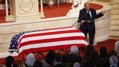 Ambassador Andrew Young delivers a eulogy for former Atlanta Mayor Sam Massell on Wednesday, March 16, 2022. He started his speech by saying, "I owe my beautiful life in Atlanta to Sam Massell." Miguel Martinez for The Atlanta Journal-Constitution