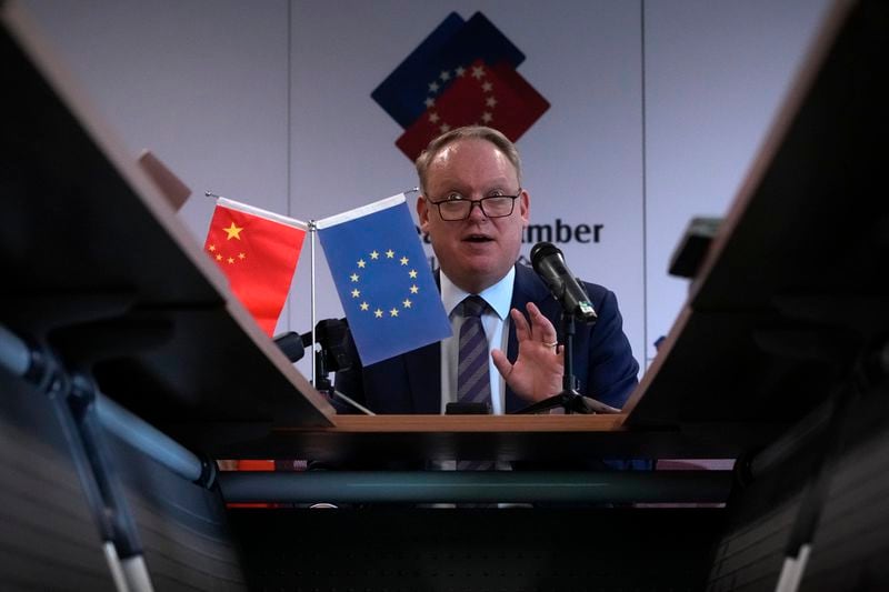 President of the European Union Chamber of Commerce in China Jens Eskelund speaks during a press conference for the annual European Business in China Position Paper, in Beijing, Wednesday, Sept. 11, 2024. (AP Photo/Andy Wong)