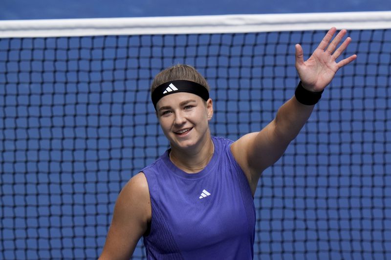 Karolina Muchova, of the Czech Republic, reacts after defeating Jasmine Paolini, of Italy, in their fourth round match of the U.S. Open tennis championships, Monday, Sept. 2, 2024, in New York. (AP Photo/Eduardo Munoz Alvarez)