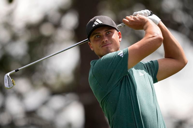 Ludvig Aberg, of Sweden, hits from the seventh tee during the third round of the BMW Championship golf event at Castle Pines Golf Club, Sunday, Aug. 25, 2024, in Castle Rock, Colo. (AP Photo/Matt York)