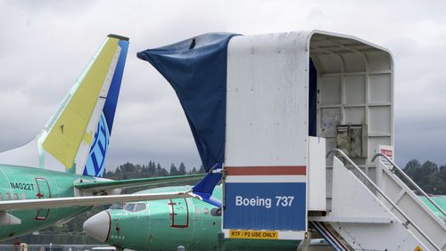 Boeing 737 MAX airliners are pictured at the company's factory on Thursday, Sept. 12, 2024, in Renton, Wash. (AP Photo/Stephen Brashear)