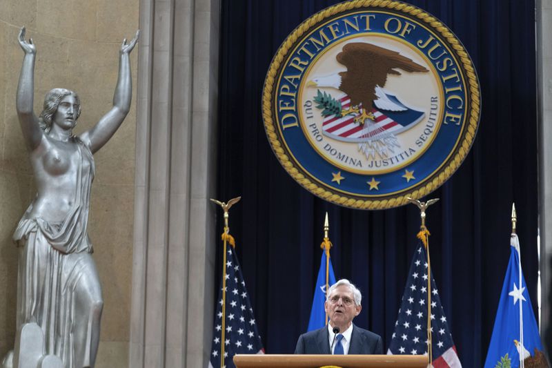 Attorney General Merrick Garland speaks to the U.S. Attorneys who have gathered for their annual conference at the Department of Justice headquarters in Washington, Thursday, Sept. 12, 2024. (AP Photo/Jose Luis Magana)