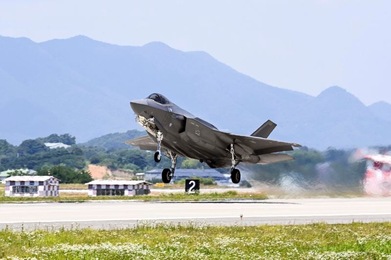 In this photo provided by the South Korea Defense Ministry, a South Korean Air Force F-35A fighter jet takes off during a combined air force exercise between the United States and South Korea at Chungju Air Base in Chungju, South Korea, Wednesday, June 26, 2024. (South Korea Defense Ministry via AP)