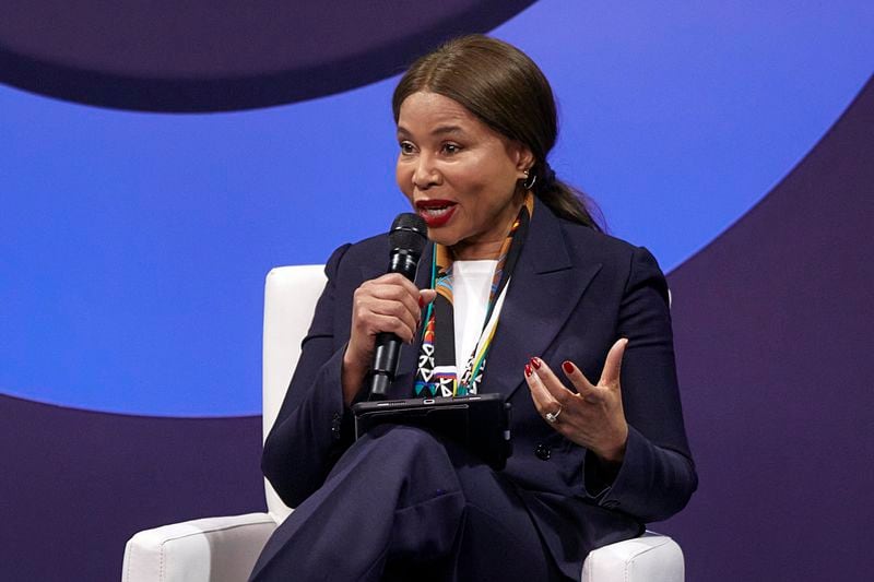 Happy Mwende Kinyili, Co-Executive Director of Mama Cash speaks during the Clinton Global Initiative, on Monday, Sept. 23, 2024, in New York. (AP Photo/Andres Kudacki)