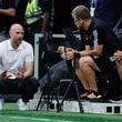 Atlanta United head coach Rob Valentino speaks with his staff during the second half at Mercedes-Benz Stadium on Sunday, August 4, 2024, in Atlanta.
(Miguel Martinez/ AJC)