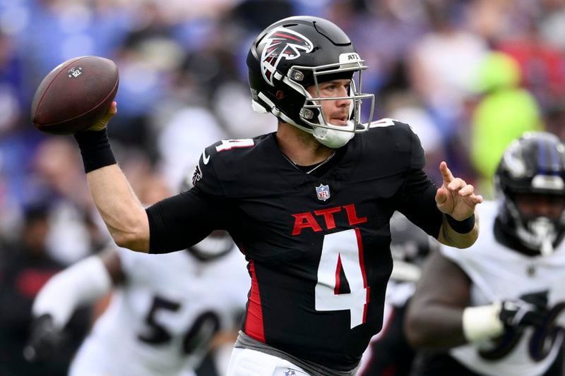 Atlanta Falcons quarterback Taylor Heinicke passes against the Baltimore Ravens during the first half of a preseason NFL football game on Saturday, Aug. 17, 2024, in Baltimore. (AP Photo/Nick Wass)