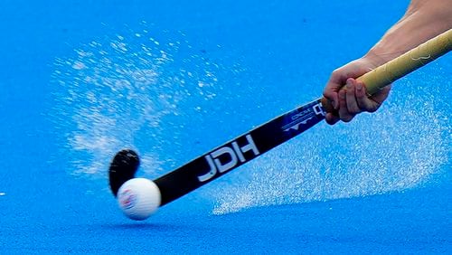 FILE - A view of a player holding a hockey stick, during the 2024 Summer Olympics, Sunday, Aug. 4, 2024, in Colombes, France. (AP Photo/Aijaz Rahi, File)