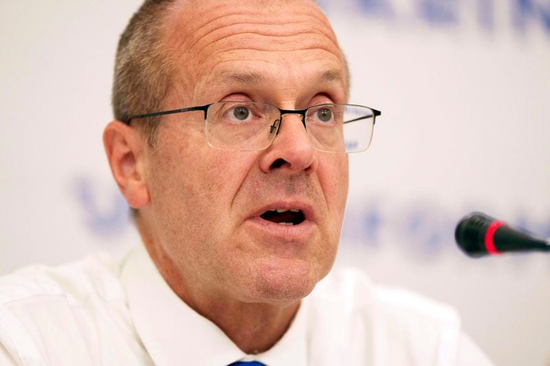 Doctor Hans Henri P. Kluge, WHO Regional Director for Europe speaks to the media during a press conference in Kyiv, Ukraine, Thursday Sept. 12, 2024. (AP Photo/Evgeniy Maloletka)