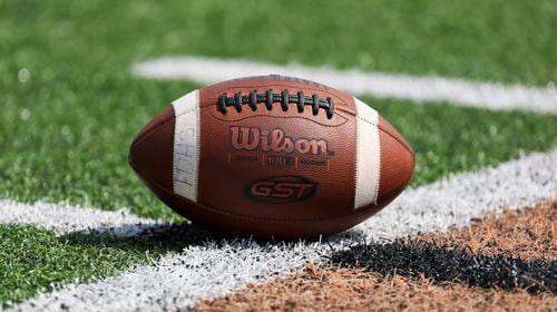 A football is shown before the game between Douglass and LaGrange in the Corky Kell Dave Hunter Classic at Kell High School, Wednesday, August 14, 2024, in Marietta, Ga. (Jason Getz / AJC)
