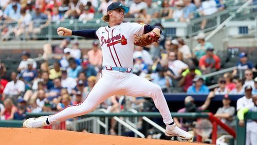 Braves starting Hurston Waldrep (30) throws a pitch to a Tampa Bay Rays batter during MLB home dayview in the second inning at Truist Park on Sunday, June 16, 2024, in Atlanta. (Miguel Martinez/AJC)