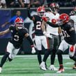 Atlanta Falcons safety Jessie Bates III reacts after recovering a fumble during the second quarter of an NFL football game against the Tampa Bay Buccaneers on Oct. 3, 2024, at Mercedes-Benz Stadium in Atlanta.
(Miguel Martinez/ AJC)