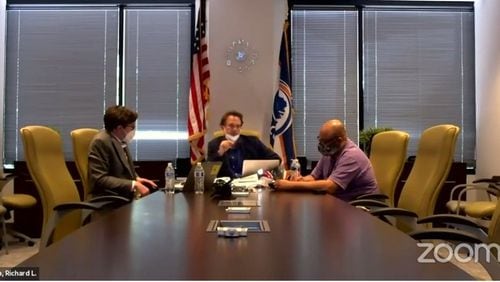 (Left to right) Fulton elections chief Blake Evans, Fulton s director of registration and elections Richard Barron, and registration chief Ralph Jones Sr. present during a Thursday, June 11, 2020 meeting of the Fulton County Board of Registration and Elections.