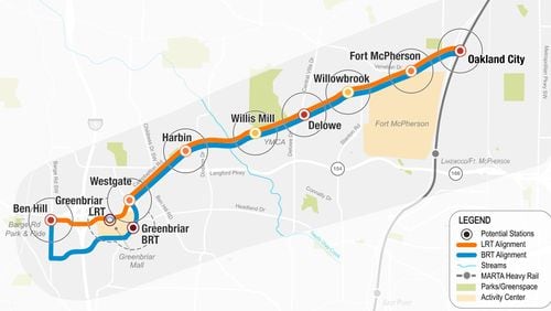 MARTA plans a new transit line along 6 miles of Campbellton Road in southwest Atlanta. It's choosing between light rail and bus rapid transit, which each have pros and cons. (COURTESTY OF MARTA)