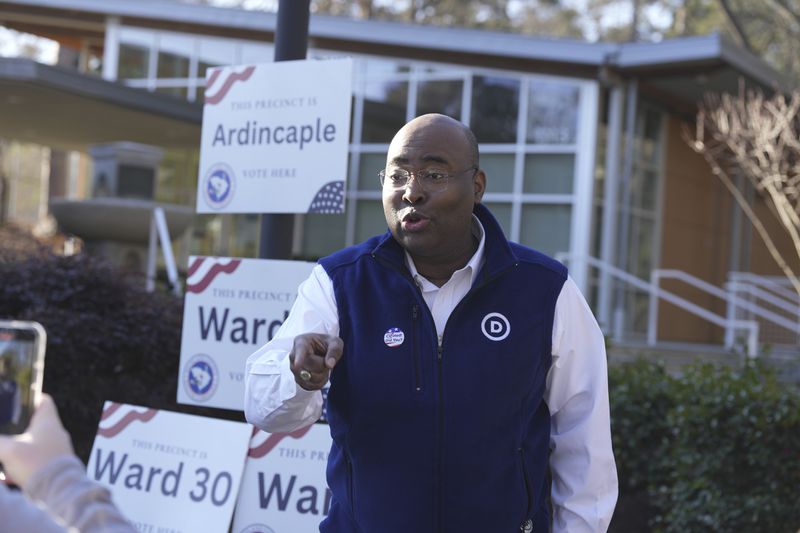 FILE - Democratic National Committee Chairman Jaime Harrison films a video encouraging people to vote in South Carolina's lead-off Democratic presidential primary on Saturday, Feb. 3, 2024, in Columbia, S.C. (AP Photo/Meg Kinnard, File)