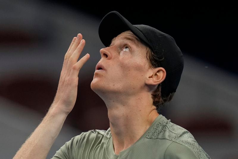 FILE - Italy's Jannick Sinner gestures after defeating Chile's Nicolas Jarry during the China Open tennis tournament held at the National Tennis Center in Beijing, Thursday, Sept. 26, 2024. (AP Photo/Ng Han Guan, File)