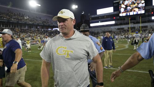 Georgia Tech interim head coach Brent Key is seen after the Jackets beat Duke 23-20 in overtime Saturday, Oct. 8, 2022 at Bobby Dodd Stadium. (Daniel Varnado/For the AJC)