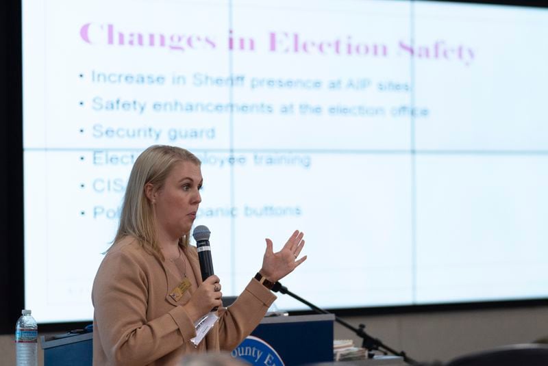 Kate Fall, director of Cobb County Elections, speaks during an election security training session at Cobb County Emergency Management headquarters Aug. 23, 2024, in Marietta. (AP Photo/John Bazemore)