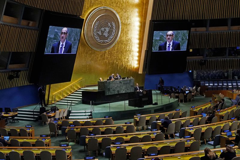 Syria Foreign Minister Bassam Sabbagh addresses the 79th session of the United Nations General Assembly, Monday, Sept. 30, 2024. (AP Photo/Richard Drew)