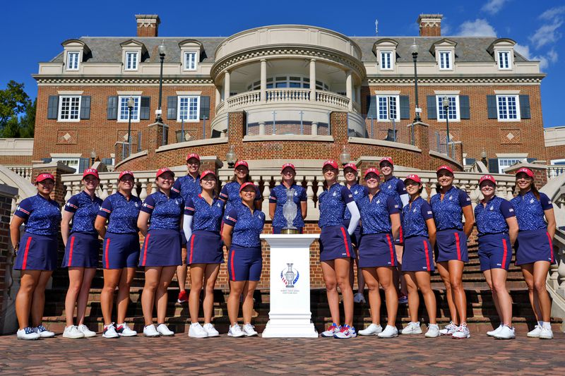 Team USA poses for a team photograph prior to the start of the Solheim Cup golf tournament at the Robert Trent Jones Golf Club, Tuesday, Sept. 10, 2024, in Gainesville, Va. (AP Photo/Matt York)