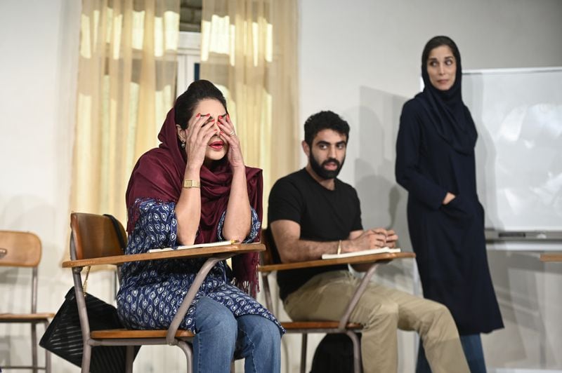 From left, Sayé Yabandeh, Ash Kahn and Pooyah Mohseni have different uses for a new language Alliance Theatre’s production of "English." Photo: Greg Mooney