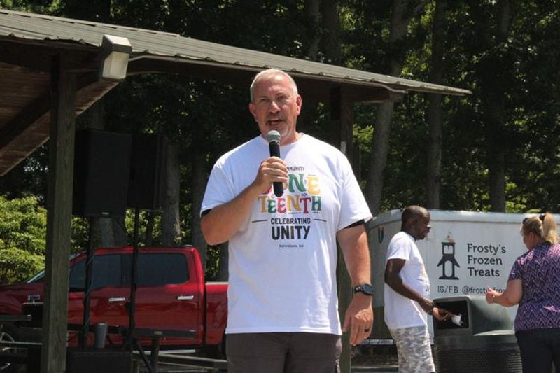 Kennesaw Police Department Chief of Police Bill Westenberger addresses a crowd at the fourth annual “Unity in the Community: A Juneteenth Celebration of Unity” event on Saturday at Swift-Cantrell Park in Kennesaw. (Photo Courtesy of Zeke Palermo)