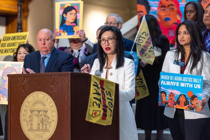 State Rep. Michelle Au, D-Johns Creek, speaks at a news conference against anti-Asian discrimination and violence at the Capitol on Thursday, March 16, 2023, the second anniversary the Atlanta spa shootings. (Arvin Temkar/The Atlanta Journal-Constitution)