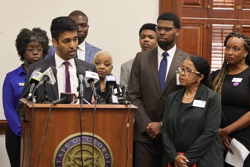 Rahul Garabadu, Senior Voting Rights Attorney at ACLU of Georgia speaks at a press conference alongside members of the Georgia Legislative Black Caucus to discuss the redrawing of district maps at the Georgia State Capitol on Wednesday, Nov 29, 2023. (Natrice Miller/ natrice.miller@ajc.com)