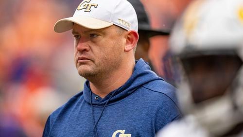 Georgia Tech coach Brent Key looks on before a game against Clemson, Saturday, Nov. 11, 2023, in Clemson, S.C. (AP Photo/Jacob Kupferman, File)