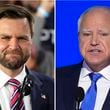 This combination of images shows Republican vice presidential nominee Sen. JD Vance, R-Ohio, at left in Erie, Pa., Aug. 28, 2024, and Democratic vice presidential candidate Minnesota Gov. Tim Walz speaking at the DNC in Chicago, Aug. 21, 2024, in Chicago. (AP Photo)