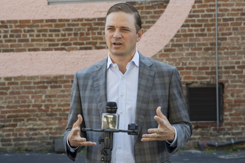 Jon Birdsong, an Atlanta technology entrepreneur, speaks during a news event in South Downtown on Friday, Sept. 20, 2024. Birdsong emphasized the importance of technological innovations in community development and business growth in Atlanta. (Olivia Bowdoin for the AJC)