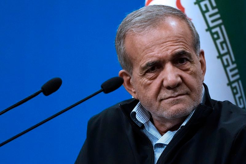 Iranian President Masoud Pezeshkian listens to a question during a press conference in Tehran, Iran, Monday, Sept. 16, 2024. (AP Photo/Vahid Salemi)