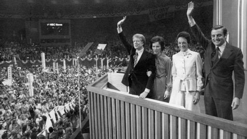1976: Jimmy and Rosalynn Carter greet the crowd during the Democratic National Convention at Madison Square Garden. They are joined by Walter Mondale and his wife Joan. (AP file)