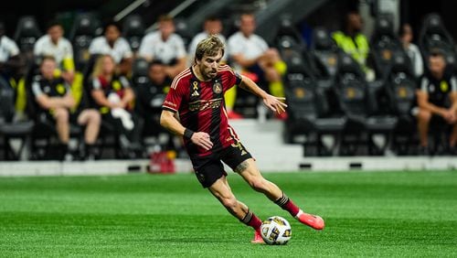 Atlanta United forward Saba Lobjanidze #9 passes the ball during the match against the Nashville SC at Mercedes-Benz Stadium in Atlanta, GA on Saturday September 14, 2024. (Photo by Madelaina Polk/Atlanta United)