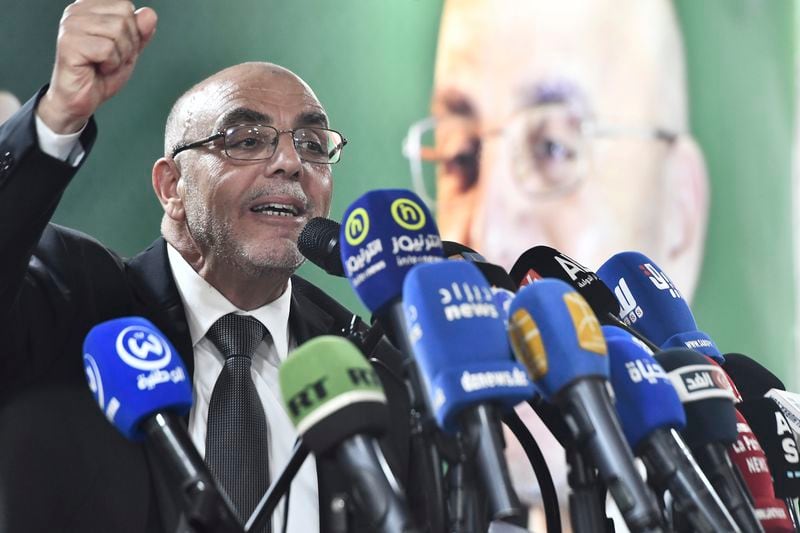 Presidential candidate of the Movement of Society for Peace (MSP), Hassani Cherif Abdelaâli, speaks at a press conference after the presidential elections results were announced, Monday, Sept. 9, 2024, in Algiers, Algeria. After being declared the winner of Algeria's election, President Abdelmadjid Tebboune joined his two challengers in criticizing the country's election authority for announcing results that contradicted earlier turnout figures and local tallies. (AP Photo/Fateh Guidoum)