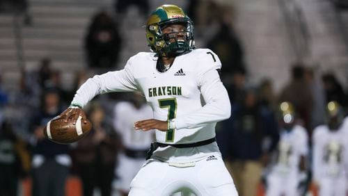 Grayson quarterback Jeff Davis (7) attempts a pass during the first half against Parkview vs Grayson at Parkview High School, Friday, November 3, 2023, in Lilburn, Ga. (Jason Getz / Jason.Getz@ajc.com)