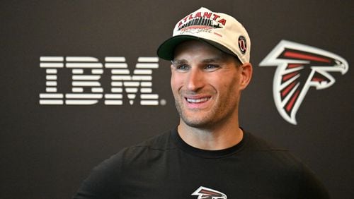 Atlanta Falcons quarterback Kirk Cousins (18) answers questions after day 1 of Atlanta Falcons Training Camp on Thursday, July 25, 2024 in Flowery Branch. (Hyosub Shin / AJC)