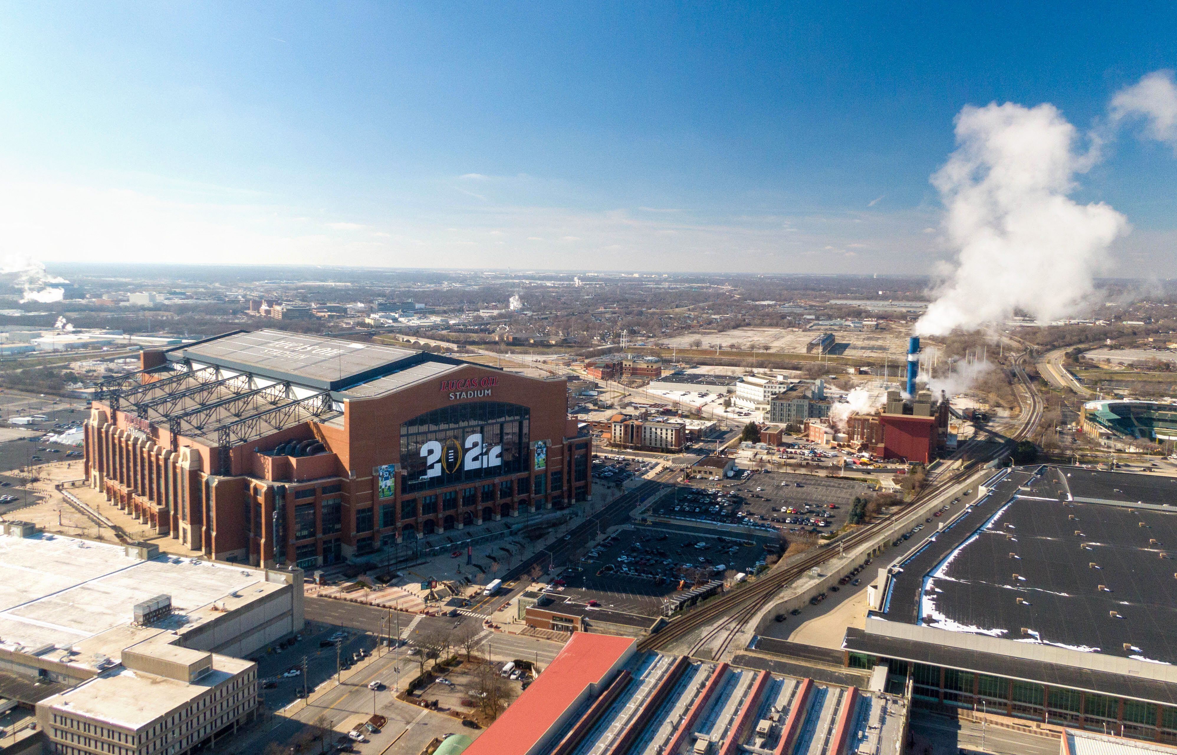 Aerial view of Indianapolis, Indiana, with a focus on Lucas Oil