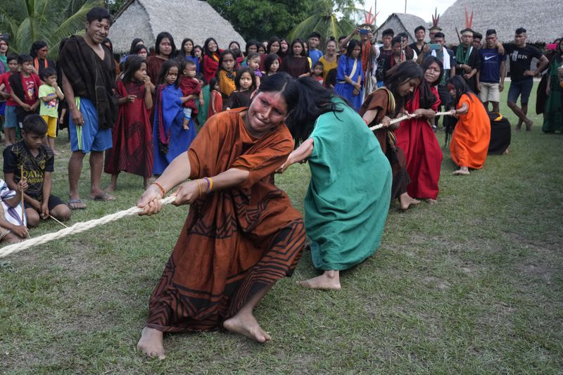 Ashaninka Indigenous women participate in tug-of-war during the annual celebration recognizing the Ashaninka territory in the Apiwtxa village, Acre state, Brazil, Sunday, June 23, 2024. (AP Photo/Jorge Saenz)